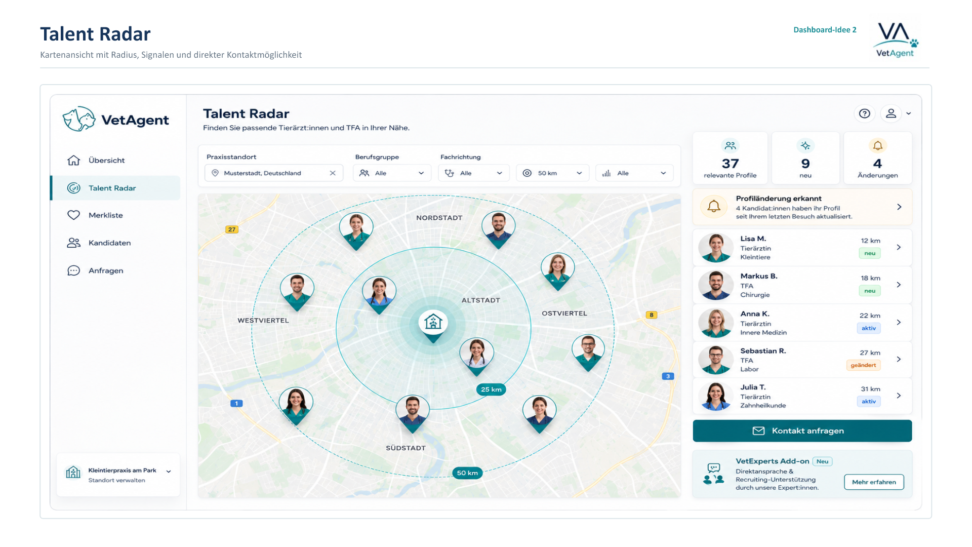 Konzeptansicht eines Talent Radars mit Karte, Suchradius, Filtern und schematisch dargestellten Kandidatenprofilen